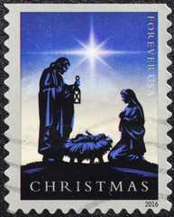 Holy nativity on american postage stamp