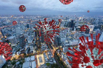 Bangkok in curfew, Quarantined City with coronavirus cells concept. Covid-19 virus cell in the city. Concept of spread of the virus in big city, 3d rendering city background.
