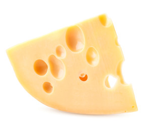 Triangle of cheese with large holes on a white. Maasdam cheese close-up. Isolated