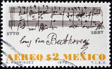 Sheet music signed by Beethoven on postage stamp