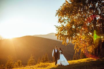 Bride and groom watch the sunset standing on the hill