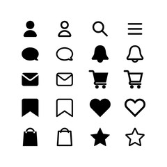 Web site online store or social media icons shopping cart profile search menu notifications bell save messages like heart bag star black icon pack flat vector EPS 10	