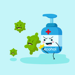 alcohol character in flat style kick coronavirus. pump, spray or gel bottle. illustration design concept of Healthcare and Medical. stop corona virus and covid-19 concept.