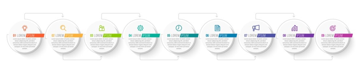 Minimal Business Infographics template. Timeline with 9 steps, options and marketing icons .Vector linear infographic with nine conected elements. Can be use for presentation.