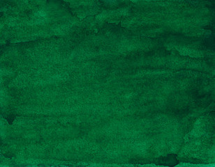 Watercolor deep green background painting. Watercolour abstract dark forest green backdrop. Stains on paper hand painted texture.
