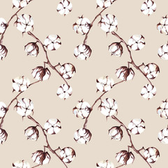 Seamless pattern with cotton flowers and leaves. Watercolor painting. Herbarium