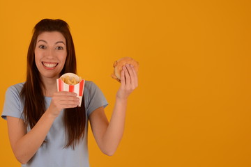 place copy fast food concept hamburger french fries woman