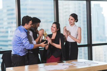 A group of business people celebrating the joy of business success