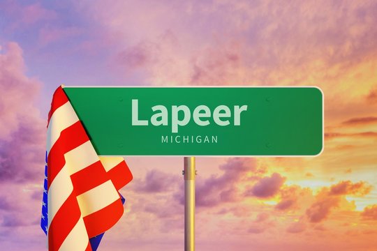 Lapeer &ndash; Michigan. Road or Town Sign. Flag of the united states. Blue Sky. Red arrow shows the direction in the city. 3d rendering