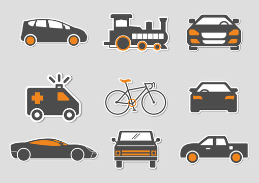flat icons for Car front,Bicycle,Train,Emergency ambulance,pickup truck,transportation,sticker,vector illustrations