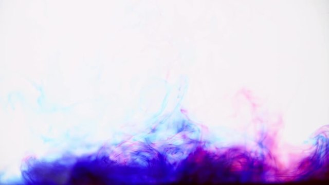 Purple and blue ink rising in water on white background