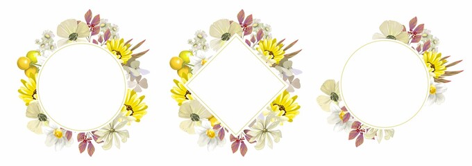 Set of three round frames with yellow and white flowers and pink leaves for invitations, cards and greetings