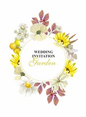 Round decorative element for invitations and advertising. save the date with yellow and white flowers and pink leaves