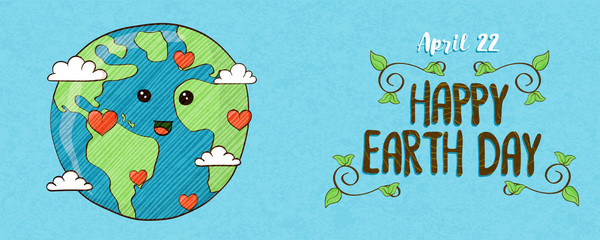 April 22 earth day banner of cute planet with love