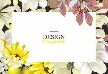 Banner for advertising, sales, on a floral background with a white window for writing. Yellow, white, black