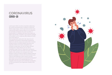 Man coughing in tissue. Boy without face mask. Virus germs spread in the air. Person during respiratory disease. Vector illustration in a flat style