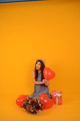 beautiful woman with balloons holiday birthday advertisement