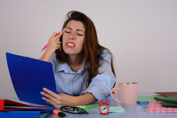 business woman in shirt sits at a table in the office work manager isolated background advertisement