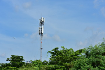 Wireless Communication Antenna With bright sky.Telecommunication tower with antennas.High pole for...
