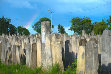 The Old Jewish cemetery at colorful sunset sky, Chernivtsi Ukraine.