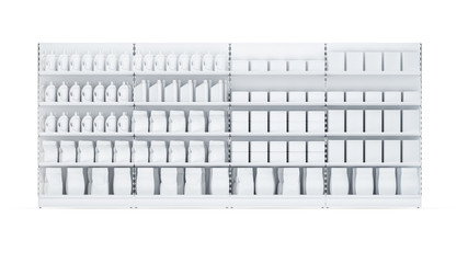 3D image of four Supermarket Shelving Showcase Displays with Shelves with packs staying in full front isometric view in the row on isolated white background. It can be seamless multiplied in one row