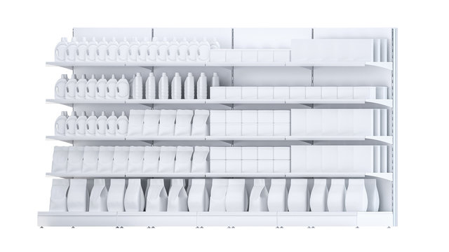 3D image of four Supermarket Shelving Showcase Displays with Shelves with packs staying in right side isometric view in the row on isolated white background. It can be seamless multiplied in one row
