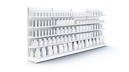 3D image of four Supermarket Shelving Showcase Displays with Shelves with packs staying in top side isometric view in the row on isolated white background. It can be seamless multiplied in one row