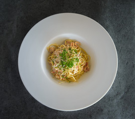 Homemade Carbonara pasta, spaghetti with pance