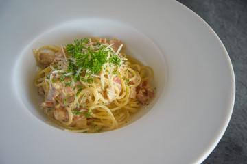 Carbonara pasta, spaghetti with pancetta,Traditional italian cuisine. Pasta alla carbonara