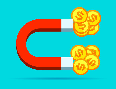 Magnet for money. Loadstone icon in flat style, simple tool on color background. Vector design element for you project 