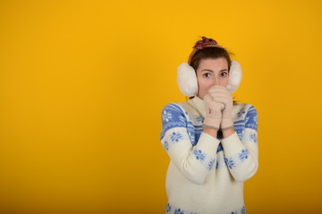 woman in winter sweater on an isolated background