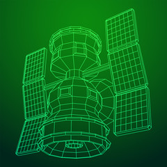 Space station communications satellite. Wireframe low poly mesh vector illustration.