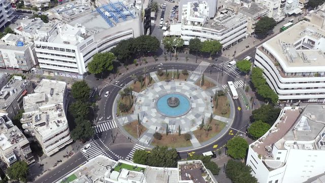 Corona Virus lockdown, Tel Aviv Dizengoff square, Aerial view or the square and surrounding buildings during Government lockdown guidelines.