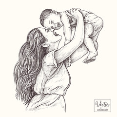 Vector hand drawn illustration. Mother with a baby. Woman holds baby in her arms.