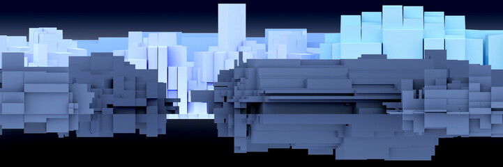 Volumetric composition of many cubes and parallelepipeds of a blue hue. Background and futuristic shape texture