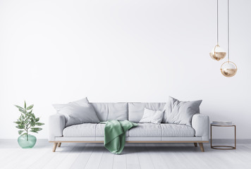 interior house with simple white background mock up. grey velvet sofa with green plaid on . modern...