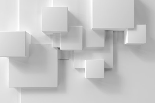 composition of white cubes of different sizes on a white background