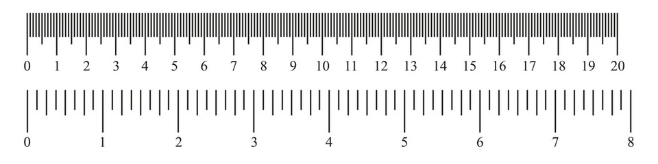 Ruler 20 cm, 8 inch. Set of ruler 20 cm 8 inch. Measuring tool. Scale . Size indicator units. Metric Centimeter, inch size indicators. Vector length measurement scale chart - obrazy, fototapety, plakaty