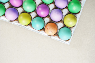 many colored Easter eggs in a box,  one natural brown among them
