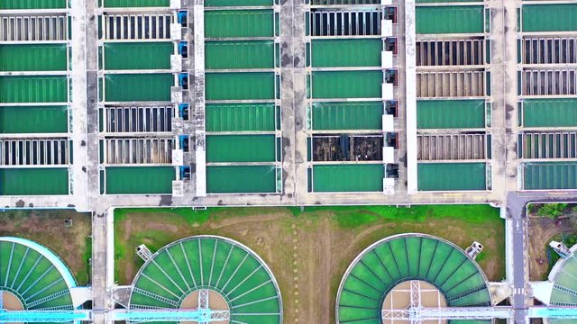 4k, Aerial footage Water treatment solution, Industrial water treatment&lrm;, Aerial top view recirculation solid contact clarifier sedimentation tank, Ecosystem and healthy environment concept.