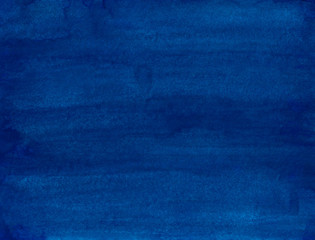 Watercolor deep blue background painting. Vintage azure blue color hand painted watercolour backdrop. Stains on paper texture.