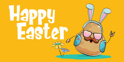 Vector rock star easter potato funny cartoon character with blue easter bunny ears isolated on orange horizontal banner background. rock n roll easter party poster or happy easter greeting card