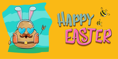 Vector rock star easter potato funny cartoon character with blue easter bunny ears isolated on orange horizontal banner background. rock n roll easter party poster or happy easter greeting card