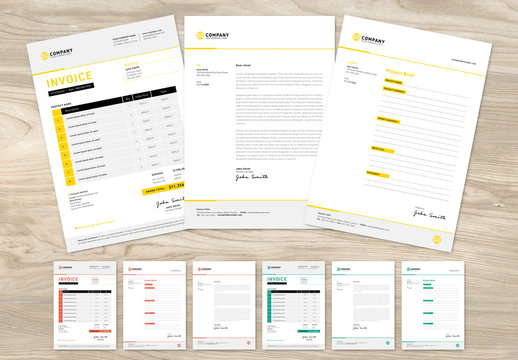 Client Invoice, Letter and Project Brief Layout with Various Color Options
