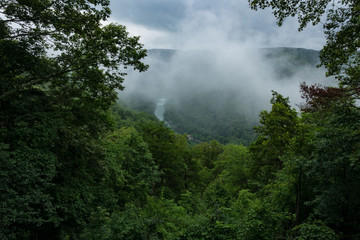 Fototapeta na wymiar Stormy weather causes the New River Gorge to become surrounded by rolling fog.