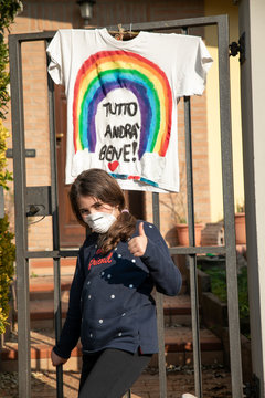 Masked Girl With Rainbow In Background Everything Will Be Fine For Covid Coronavirus Optimistic