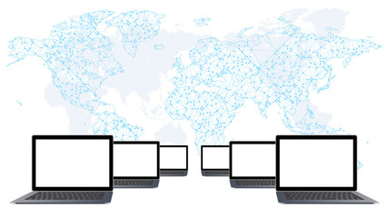 Digital network technology white background world map and laptop computer.