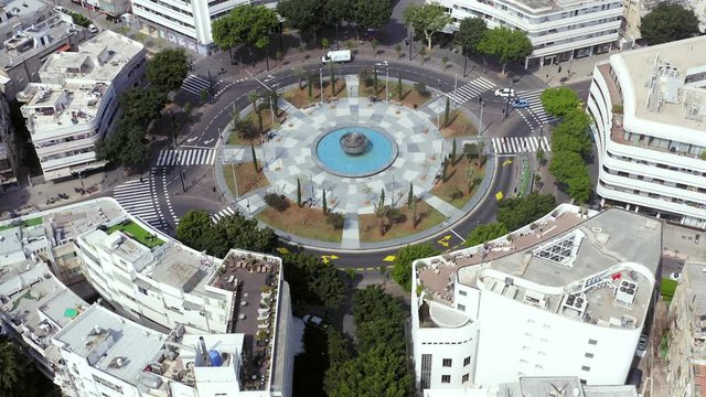 Corona Virus lockdown, Tel Aviv Dizengoff square, Aerial view or the square and surrounding buildings during Government lockdown guidelines.