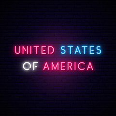 United States of America neon sign. Bright light signboard. Vector banner.
