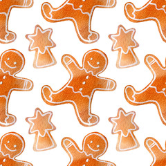 Fototapeta na wymiar Watercolor of seamless pattern with Christmas sweet desserts and cookies. Endless texture for festive design and holiday decoration.